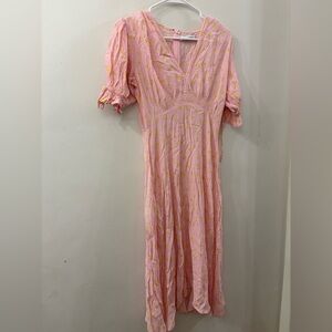 Faithful the brand - Pink with yellow Floral V-Neck midi Dress - size 6